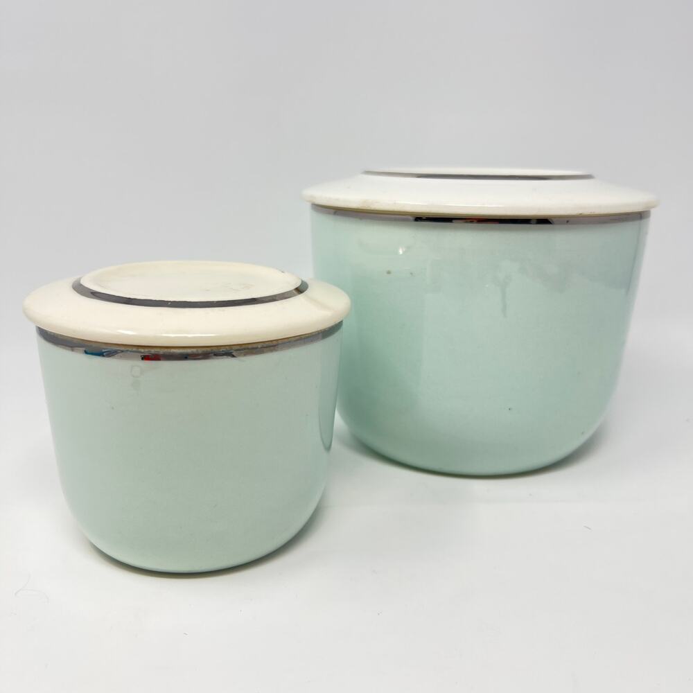 Vintage 50s Ballerina Mist Refrigerator Canister Dishes Lids Set of 2 Ovenproof